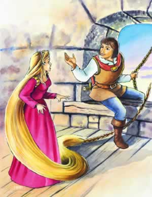 El prncipe subiendo al castillo usando el largo cabello rubio de Rapunzel
