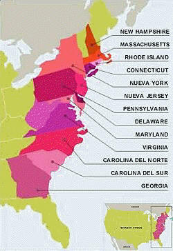 Mapa de las Trece Colonias.