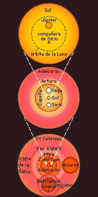 Esquema comparativo del tamao relativo de varias estrellas.